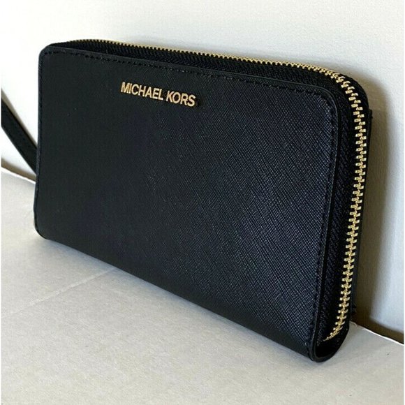 New Michael Kors Jet Set Travel Zip Around Phone Holder Wallet Black with Gold - Picture 3 of 7